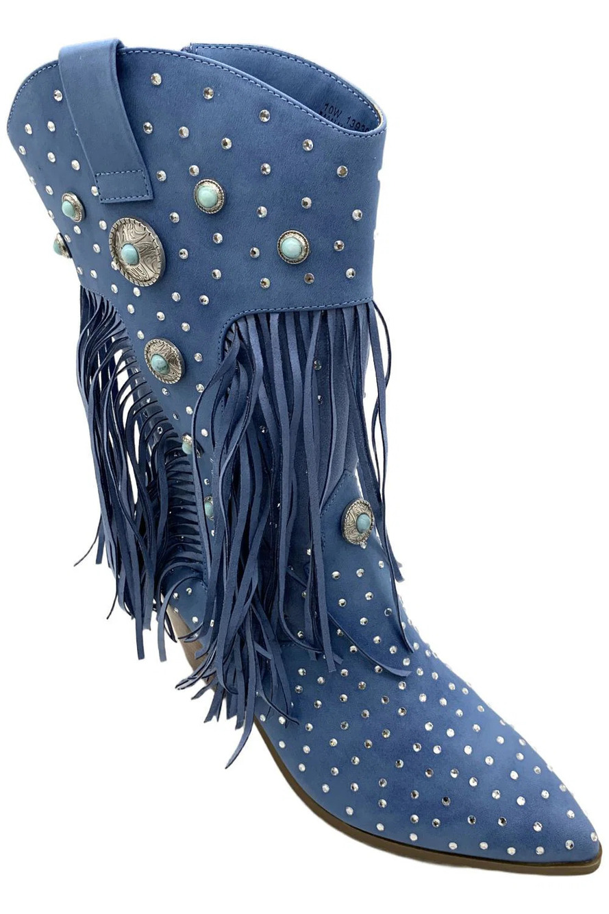 Masseys Women's Lainey Zip Fringed Western Boots Blue - Wide